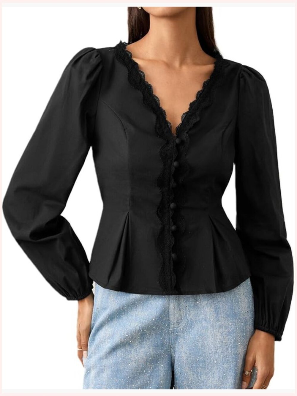 Vintage Embroidered V-Neck Blouse, Long Sleeve Tie-Waist Cotton Top